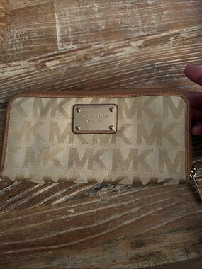 Michael Kors Tan Beige MK Logo Zip Around Wallet